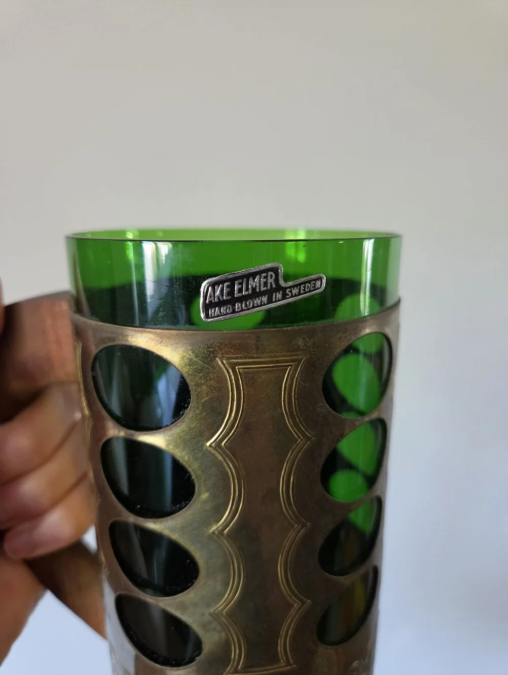 Vintage Swedish Green Glass Beer Mug Åke Elmer Hand Blown Metal Sleeve Mid-Centu